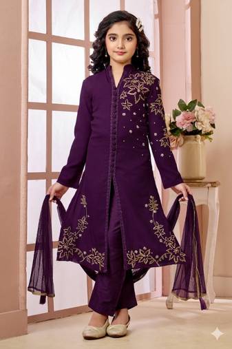 Purple embroidered faux georgette straight cut kids salwar suits