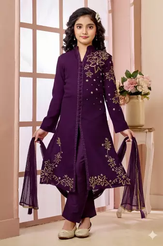 Purple embroidered faux georgette straight cut kids salwar suits
