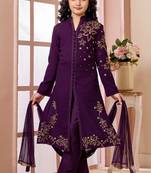 Purple embroidered faux georgette straight cut kids salwar suits