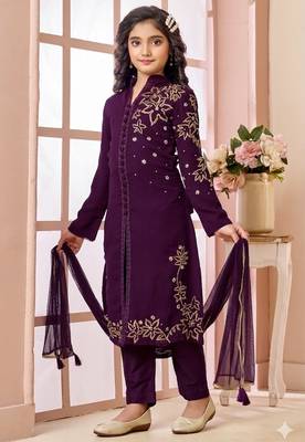 Purple embroidered faux georgette straight cut kids salwar suits 2