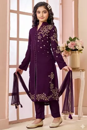 Purple embroidered faux georgette straight cut kids salwar suits