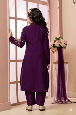 Purple embroidered faux georgette straight cut kids salwar suits 3
