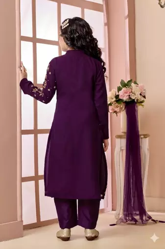 Purple embroidered faux georgette straight cut kids salwar suits