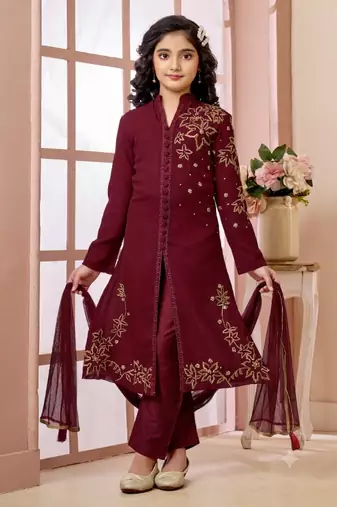Maroon embroidered faux georgette straight cut kids salwar suits
