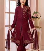 Maroon embroidered faux georgette straight cut kids salwar suits