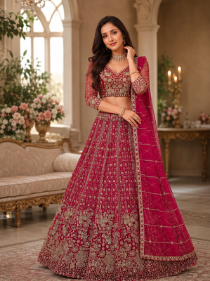 rani pink color Crystal and Motif Handwork Sequence work Net Lehenga Choli set 1