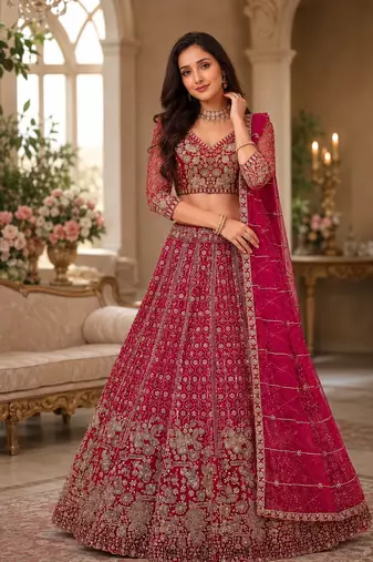 rani pink color Crystal and Motif Handwork Sequence work Net Lehenga Choli set