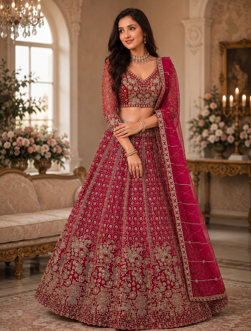 rani pink color Crystal and Motif Handwork Sequence work Net Lehenga Choli set
