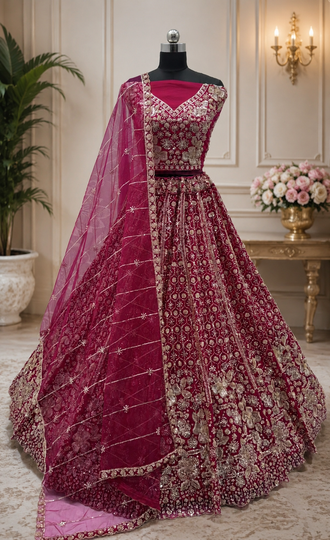 rani pink color Crystal and Motif Handwork Sequence work Net Lehenga Choli set