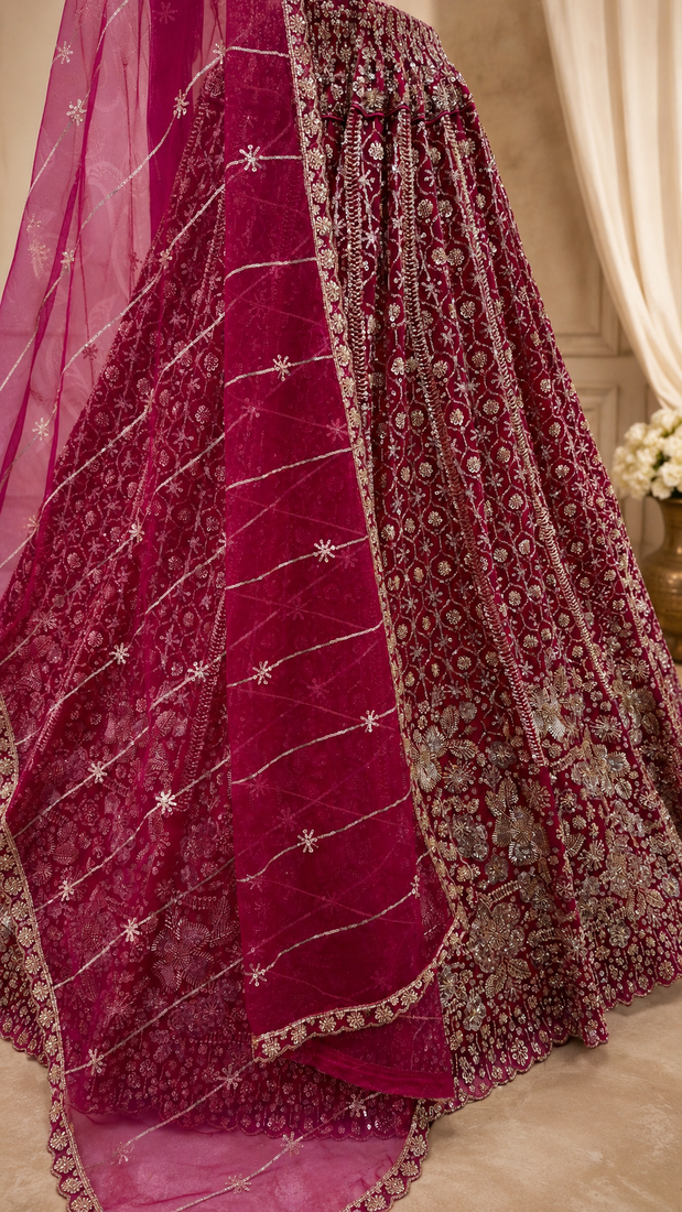 rani pink color Crystal and Motif Handwork Sequence work Net Lehenga Choli set