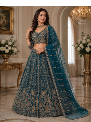 teal color Crystal and Motif Handwork Sequence work Net Lehenga Choli set 1