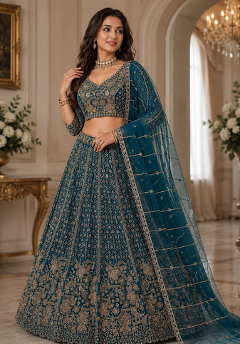 teal color Crystal and Motif Handwork Sequence work Net Lehenga Choli set