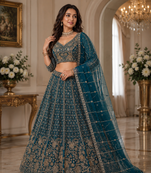 teal color Crystal and Motif Handwork Sequence work Net Lehenga Choli set