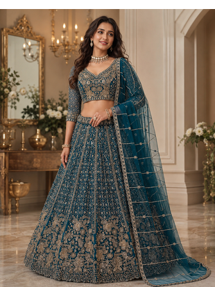 teal color Crystal and Motif Handwork Sequence work Net Lehenga Choli set 2