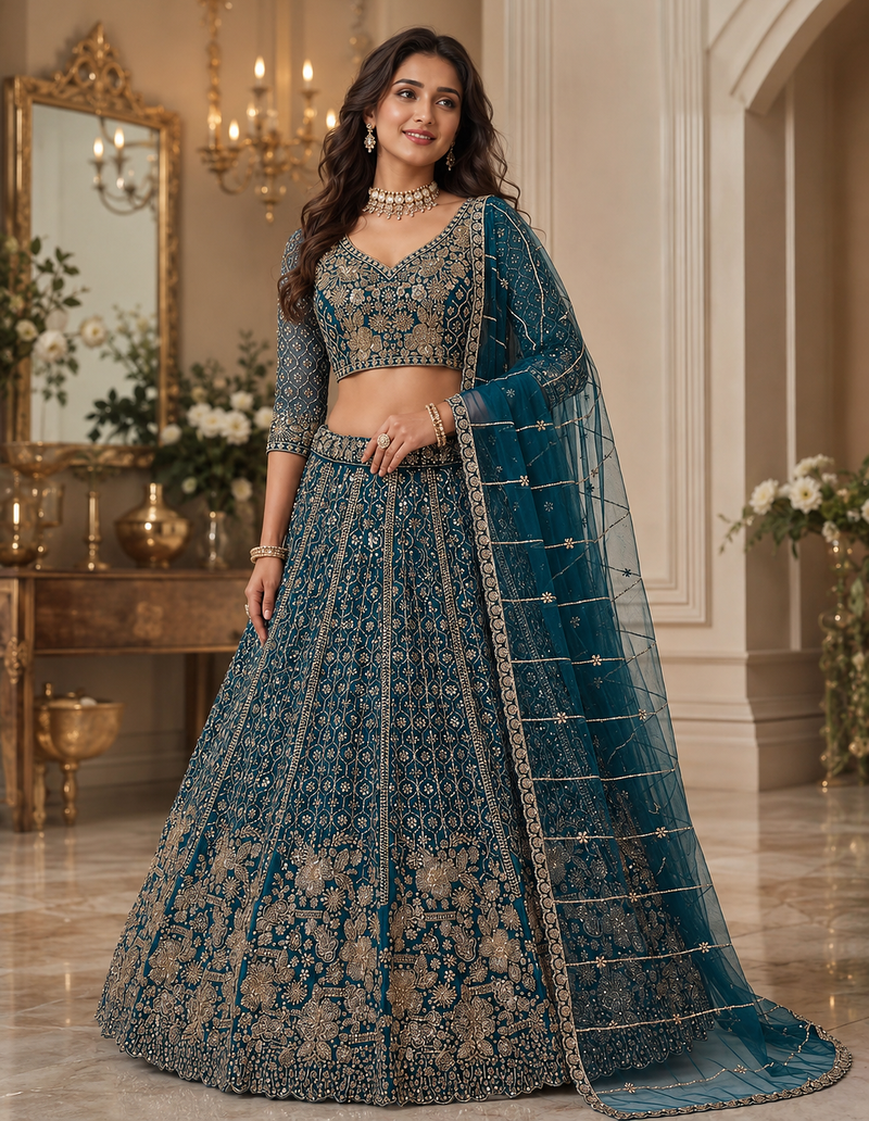 teal color Crystal and Motif Handwork Sequence work Net Lehenga Choli set