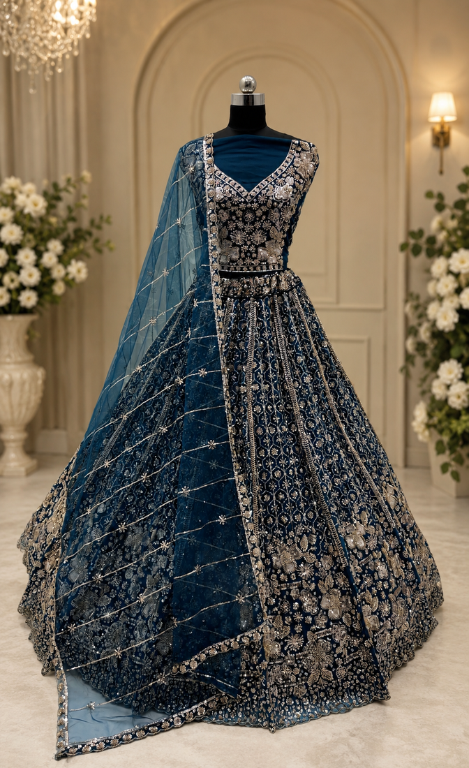 teal color Crystal and Motif Handwork Sequence work Net Lehenga Choli set