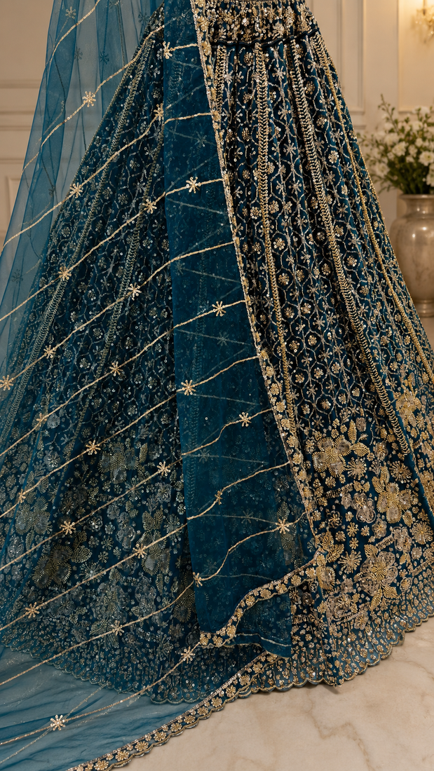 teal color Crystal and Motif Handwork Sequence work Net Lehenga Choli set