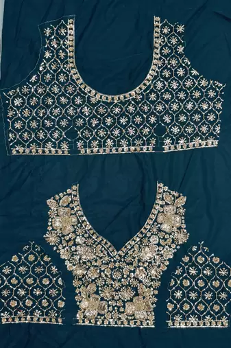 teal color Crystal and Motif Handwork Sequence work Net Lehenga Choli set