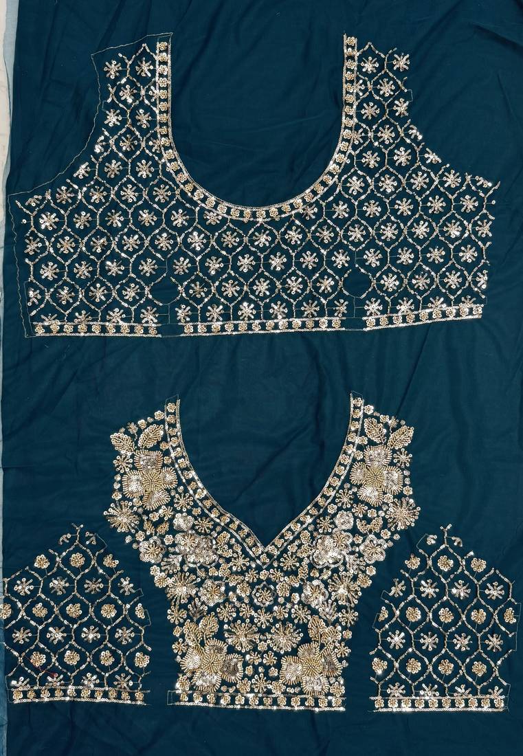 teal color Crystal and Motif Handwork Sequence work Net Lehenga Choli set
