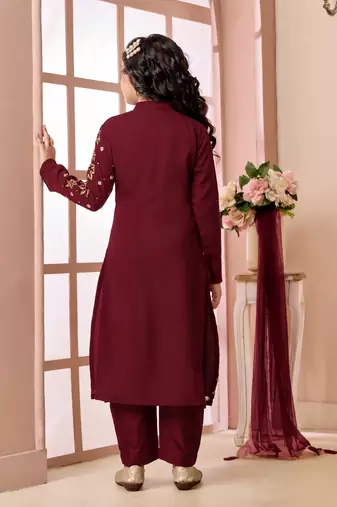 Maroon embroidered faux georgette straight cut kids salwar suits