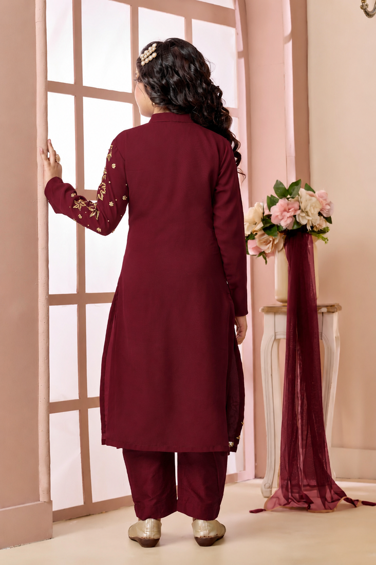 Maroon embroidered faux georgette straight cut kids salwar suits