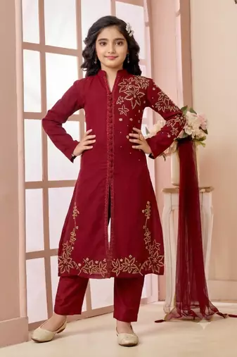 Red embroidered faux georgette straight cut kids salwar suits