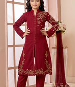 Red embroidered faux georgette straight cut kids salwar suits