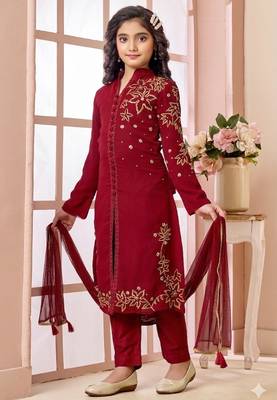 Red embroidered faux georgette straight cut kids salwar suits 2