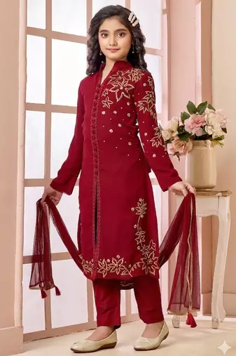 Red embroidered faux georgette straight cut kids salwar suits