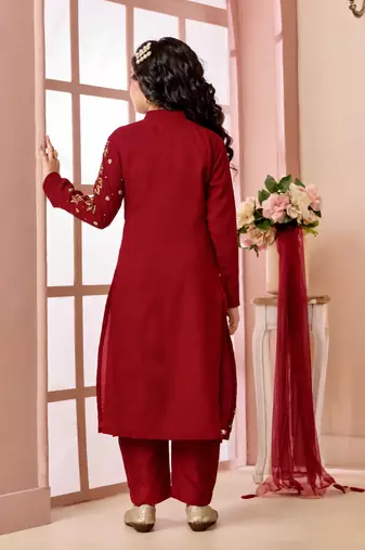 Red embroidered faux georgette straight cut kids salwar suits