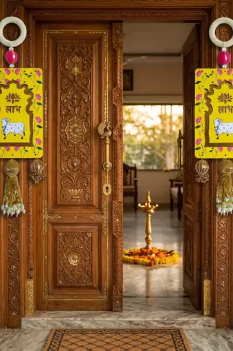 mdf cow shubh labh door hanging  diwali decor hangings (pack of 2)