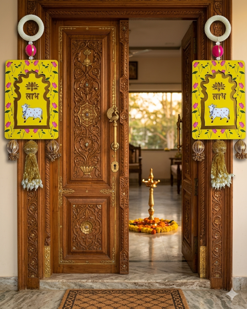 mdf cow shubh labh door hanging  diwali decor hangings (pack of 2)
