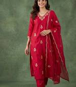PINK EMBRODEIRY WORK WITH COTTON BLEND KURTI PANT DUPATTA SET