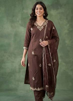 BROWN EMBRODEIRY WORK WITH COTTON BLEND KURTI PANT DUPATTA SET 1