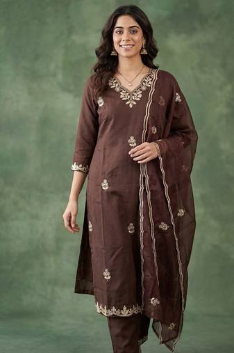 BROWN EMBRODEIRY WORK WITH COTTON BLEND KURTI PANT DUPATTA SET