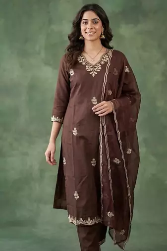 BROWN EMBRODEIRY WORK WITH COTTON BLEND KURTI PANT DUPATTA SET