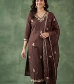 BROWN EMBRODEIRY WORK WITH COTTON BLEND KURTI PANT DUPATTA SET