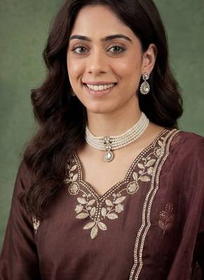BROWN EMBRODEIRY WORK WITH COTTON BLEND KURTI PANT DUPATTA SET 2