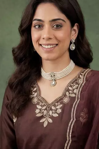 BROWN EMBRODEIRY WORK WITH COTTON BLEND KURTI PANT DUPATTA SET