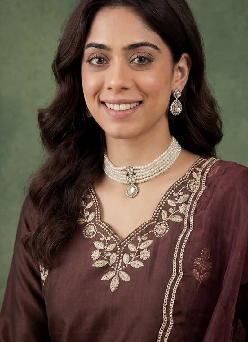 BROWN EMBRODEIRY WORK WITH COTTON BLEND KURTI PANT DUPATTA SET