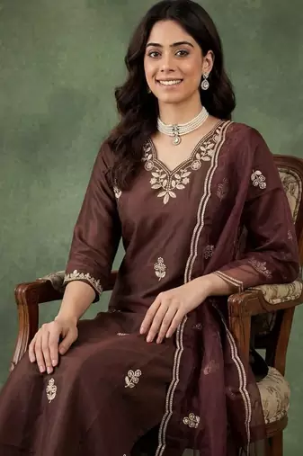 BROWN EMBRODEIRY WORK WITH COTTON BLEND KURTI PANT DUPATTA SET