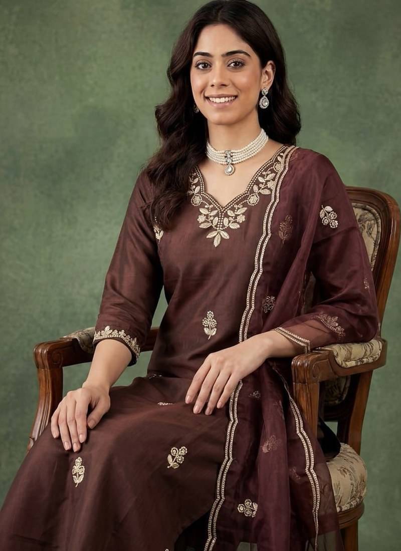 BROWN EMBRODEIRY WORK WITH COTTON BLEND KURTI PANT DUPATTA SET