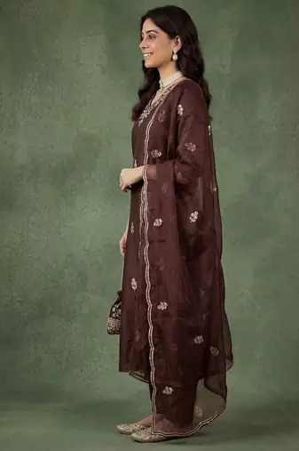 BROWN EMBRODEIRY WORK WITH COTTON BLEND KURTI PANT DUPATTA SET
