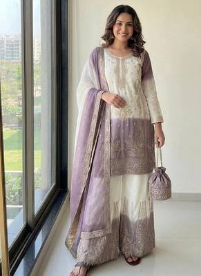 Lavender And White Color Embroidery Work Georgette  Salwar Suit 1