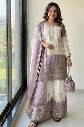 Lavender And White Color Embroidery Work Georgette  Salwar Suit