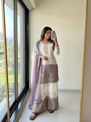 Lavender And White Color Embroidery Work Georgette  Salwar Suit 2