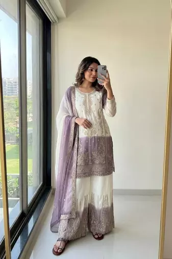 Lavender And White Color Embroidery Work Georgette  Salwar Suit