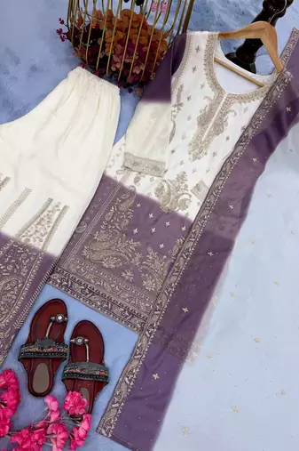 Lavender And White Color Embroidery Work Georgette  Salwar Suit