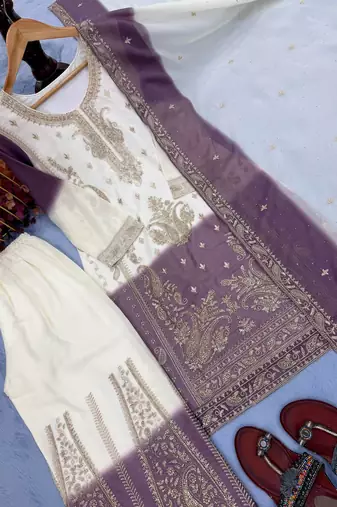 Lavender And White Color Embroidery Work Georgette  Salwar Suit