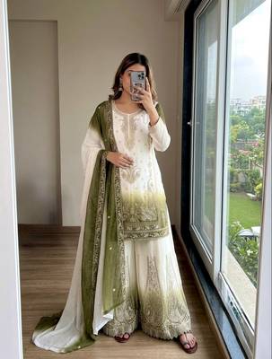 Olive And White Color Embroidery Work Georgette  Salwar Suit 1